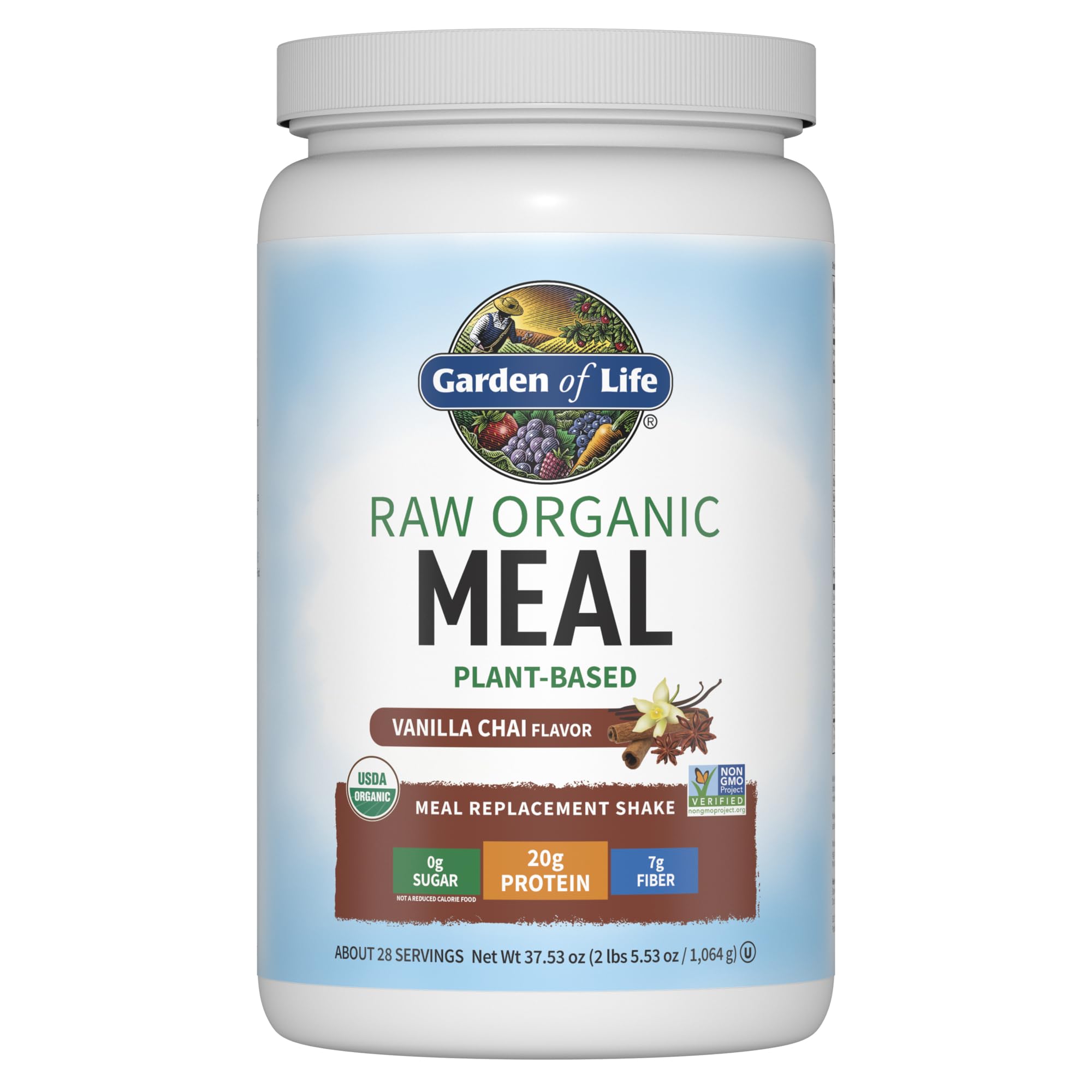 Garden of Life Raw Organic Meal Replacement Vanilla Chai tub closeup highlighting protein and fiber