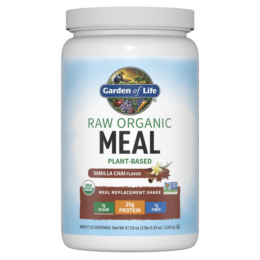Garden of Life Raw Organic Meal Replacement Vanilla Chai tub closeup highlighting protein and fiber
