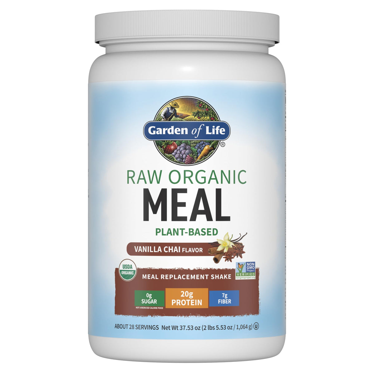 Garden of Life Raw Organic Meal Replacement Vanilla Chai tub closeup highlighting protein and fiber