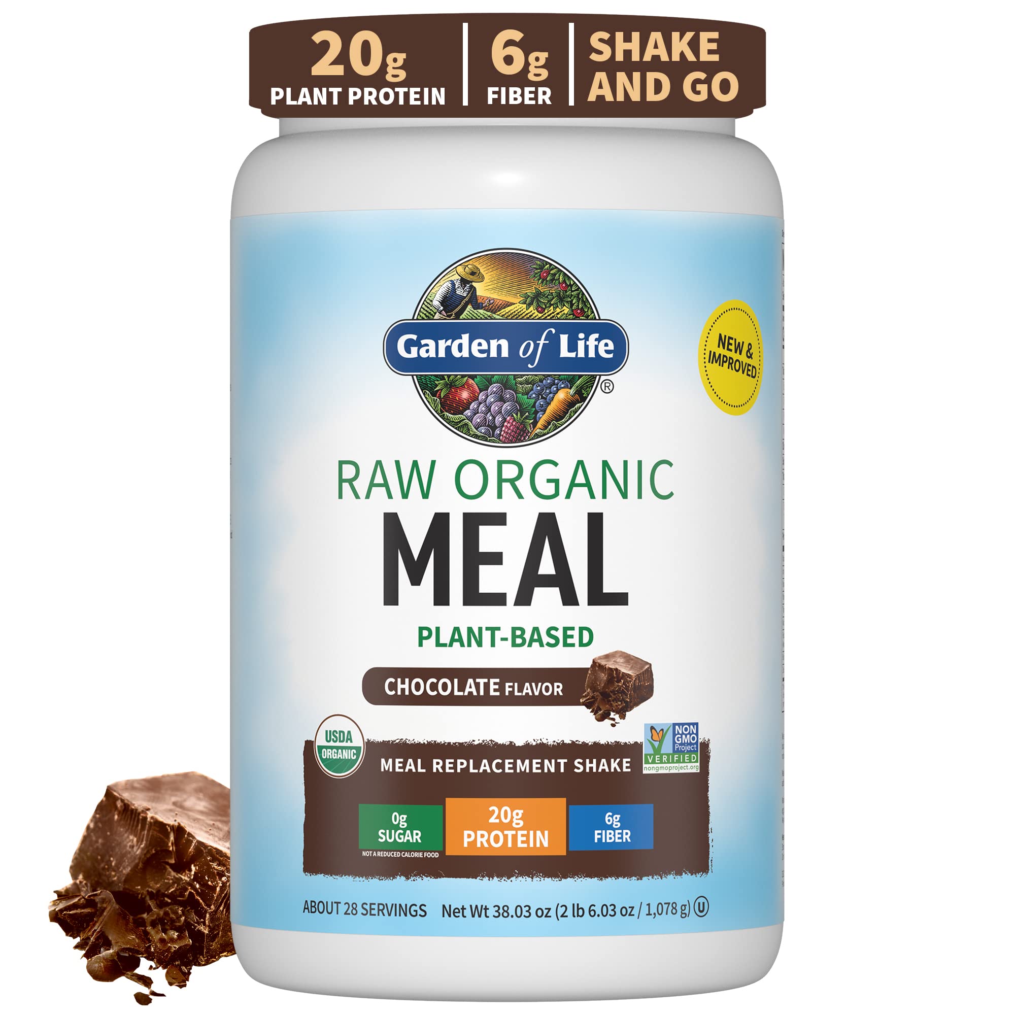 Garden of Life Raw Organic Meal Shake chocolate bottle pour, a dairy-free meal solution on the go.