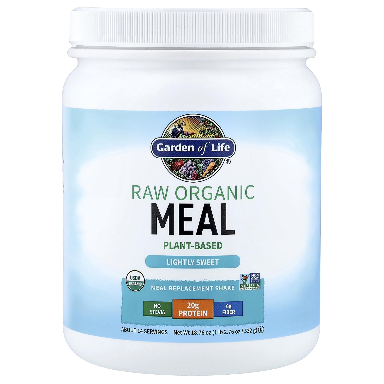 Garden of Life Raw Organic Meal shake in a glass with scoop, convenient daily protein.