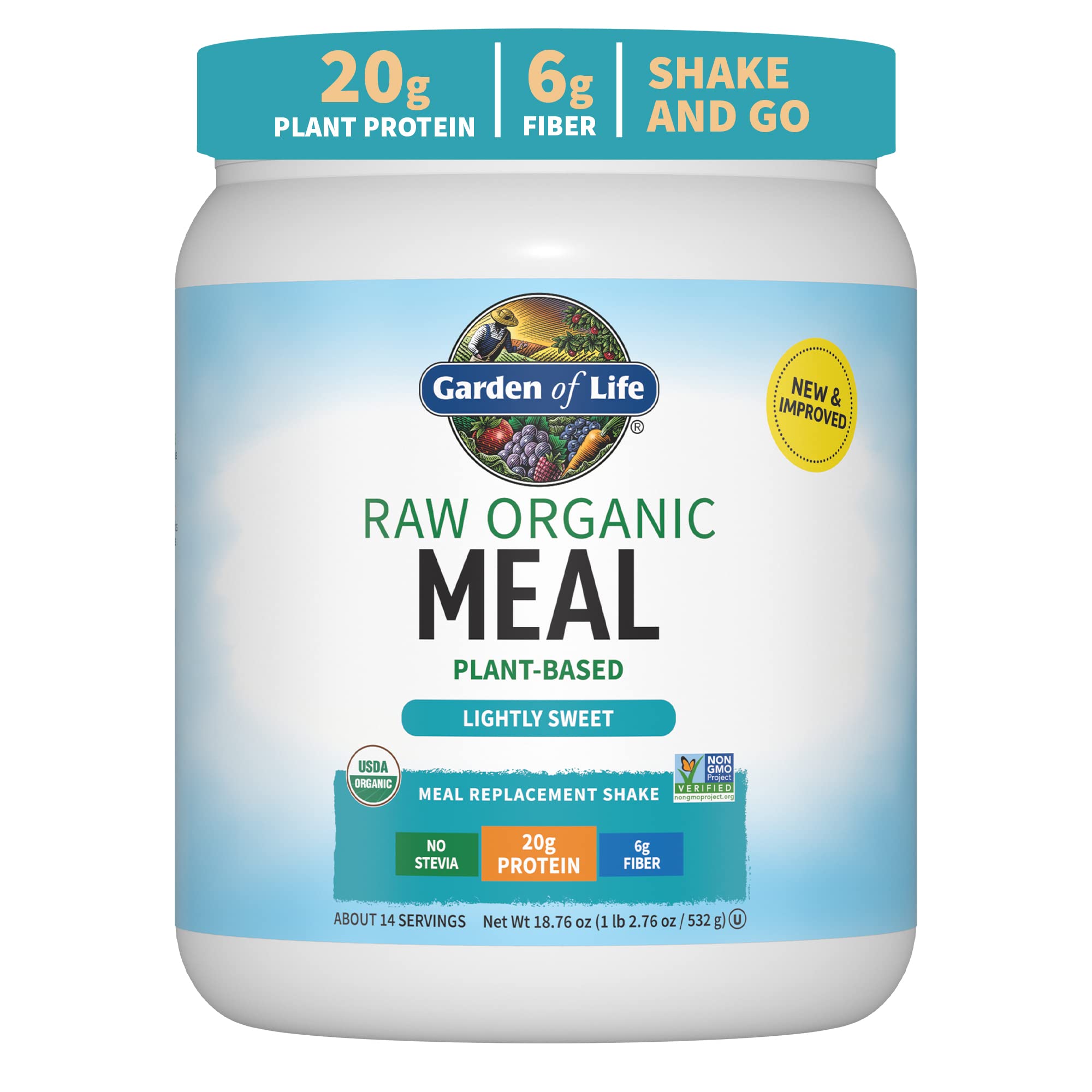 Garden of Life Raw Organic Meal shake pouring into a glass, high-protein plant-based nutrition.