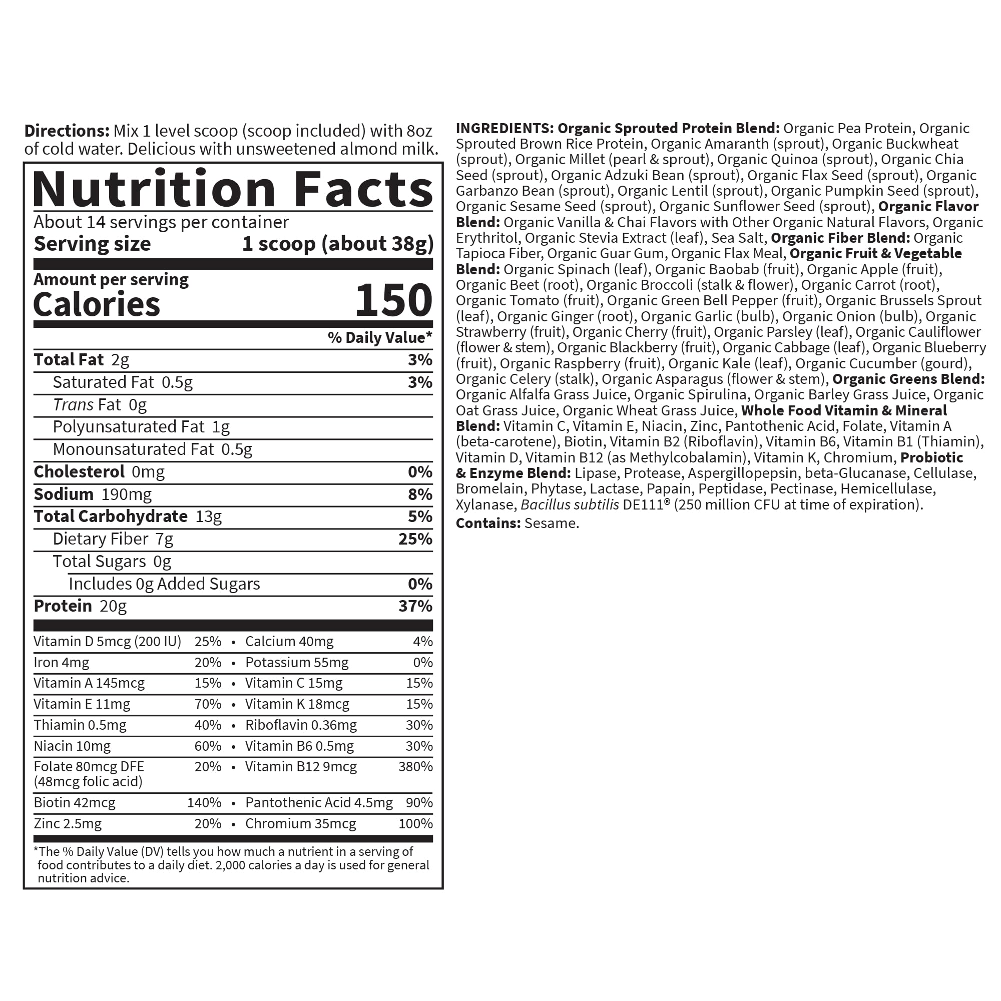 Nutrition label of Garden of Life Raw Organic Meal Vanilla Chai