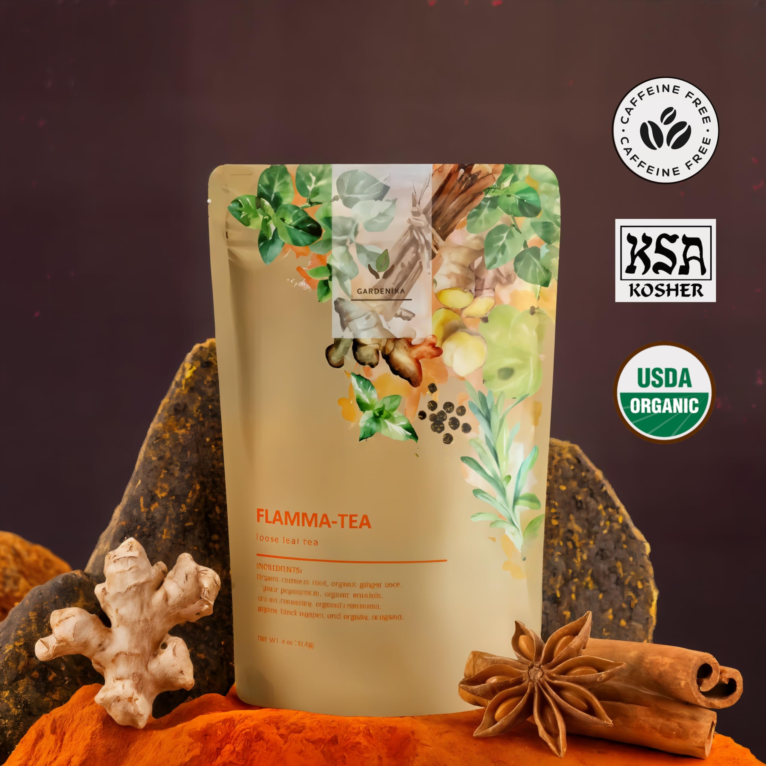 Gardenika Flamma-tea steeping in cup reveals fragrant caffeine-free brew.