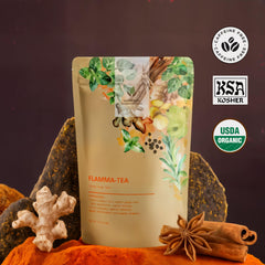 Gardenika Flamma-tea steeping in cup reveals fragrant caffeine-free brew.