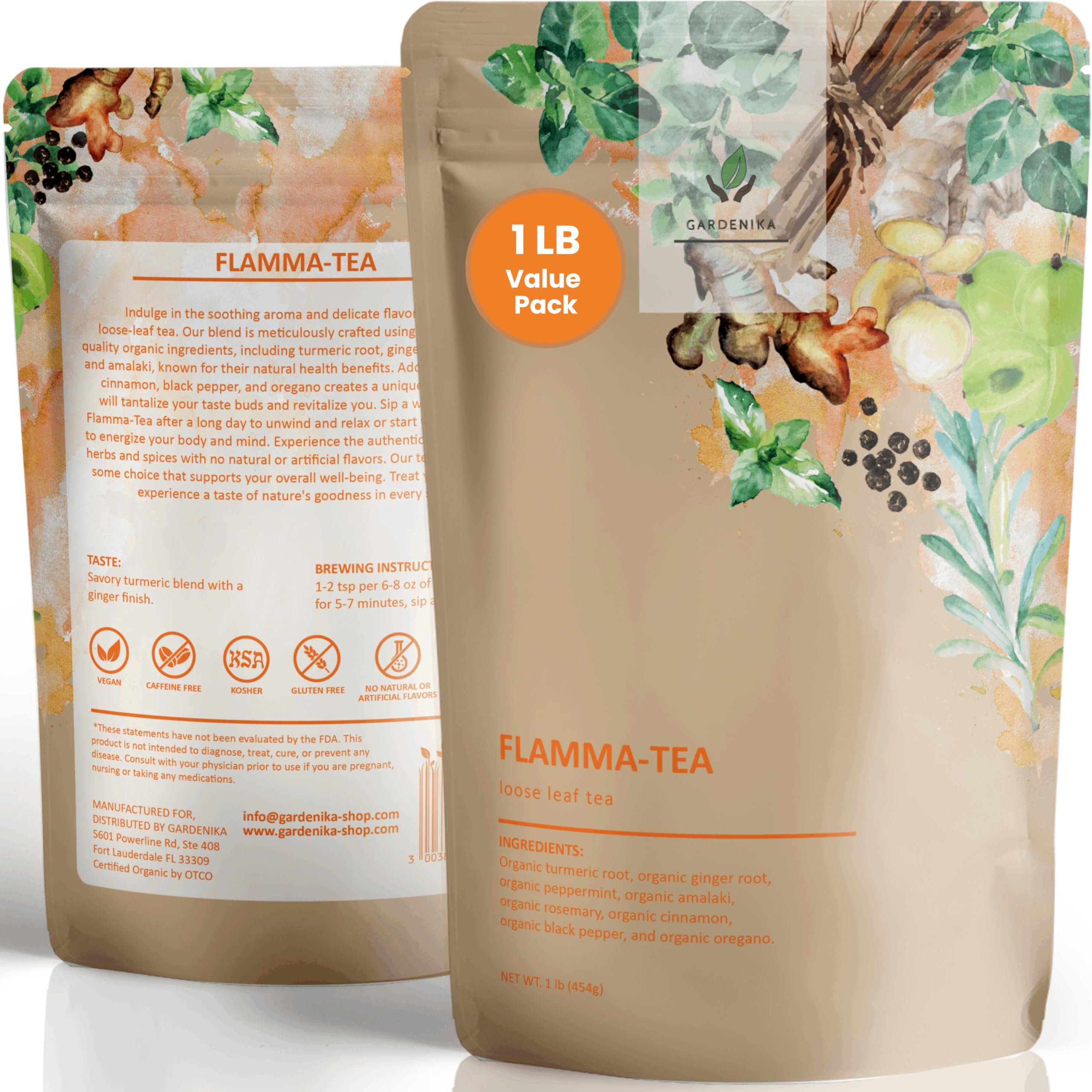 Gardenika Flamma-tea loose-leaf turmeric and ginger blend for caffeine-free wellness.