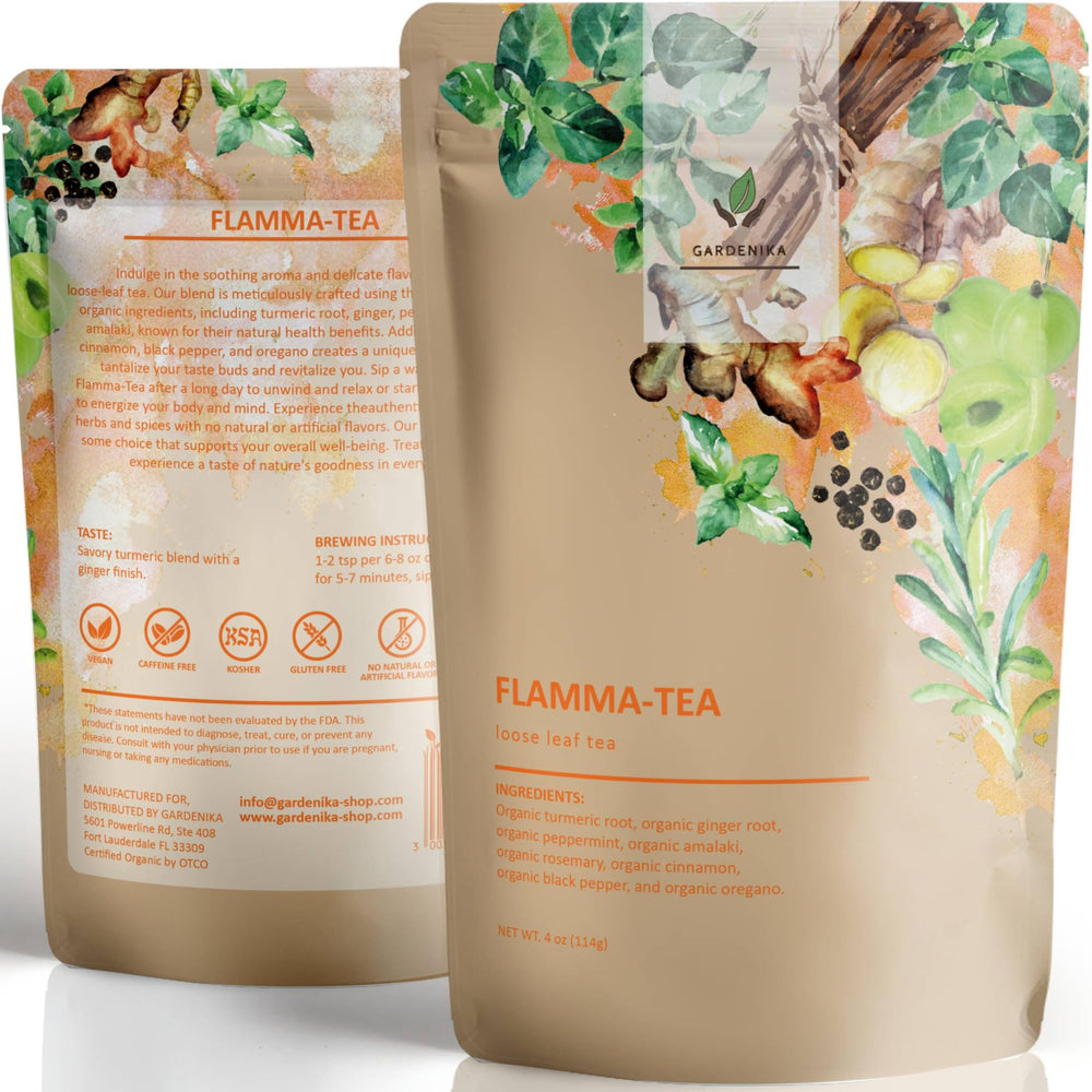 Gardenika Flammatea loose leaf tea close-up, showing vibrant blend ready to brew for a soothing cup