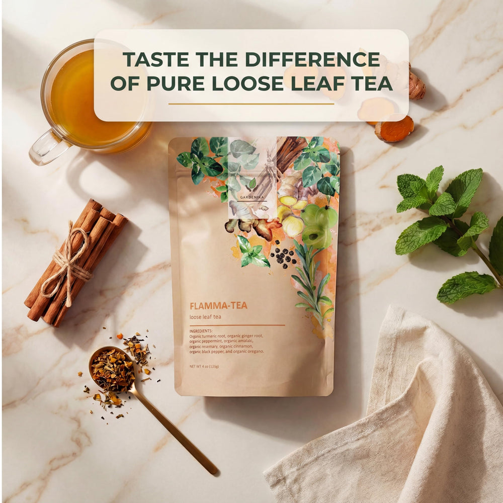 Gardenika Flammatea organic ingredients close-up highlighting turmeric and ginger hues