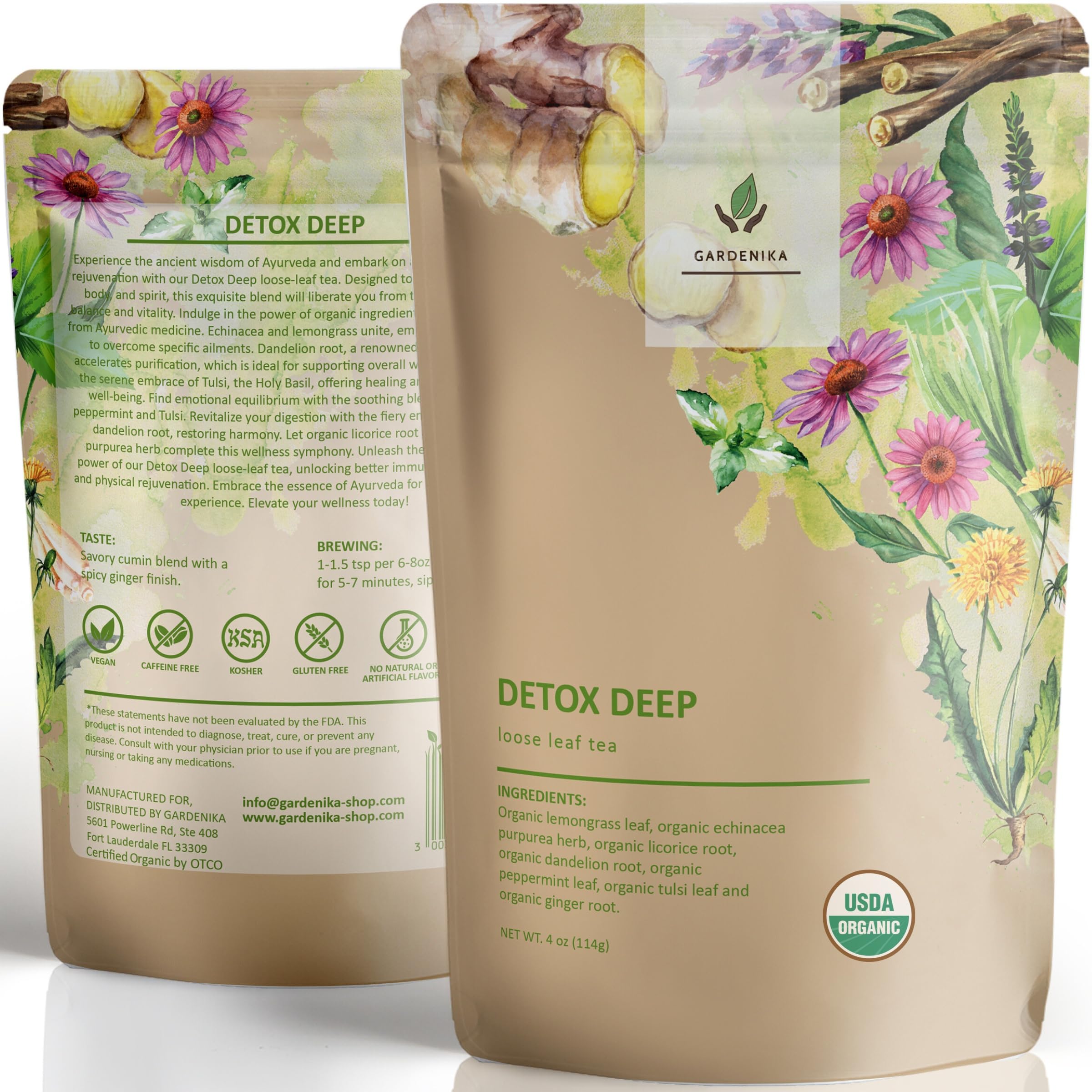 Gardenika Organic Dandelion Root Detox Tea packaging showing premium loose-leaf blend