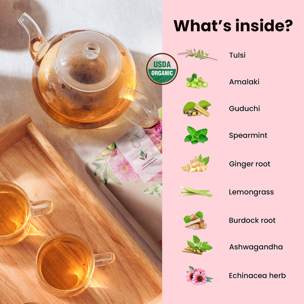 Gardenika Organic Immune Tea ingredients display highlighting organic herbs and spices