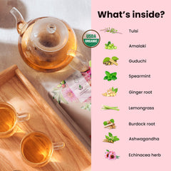Gardenika Organic Immune Tea ingredients display highlighting organic herbs and spices