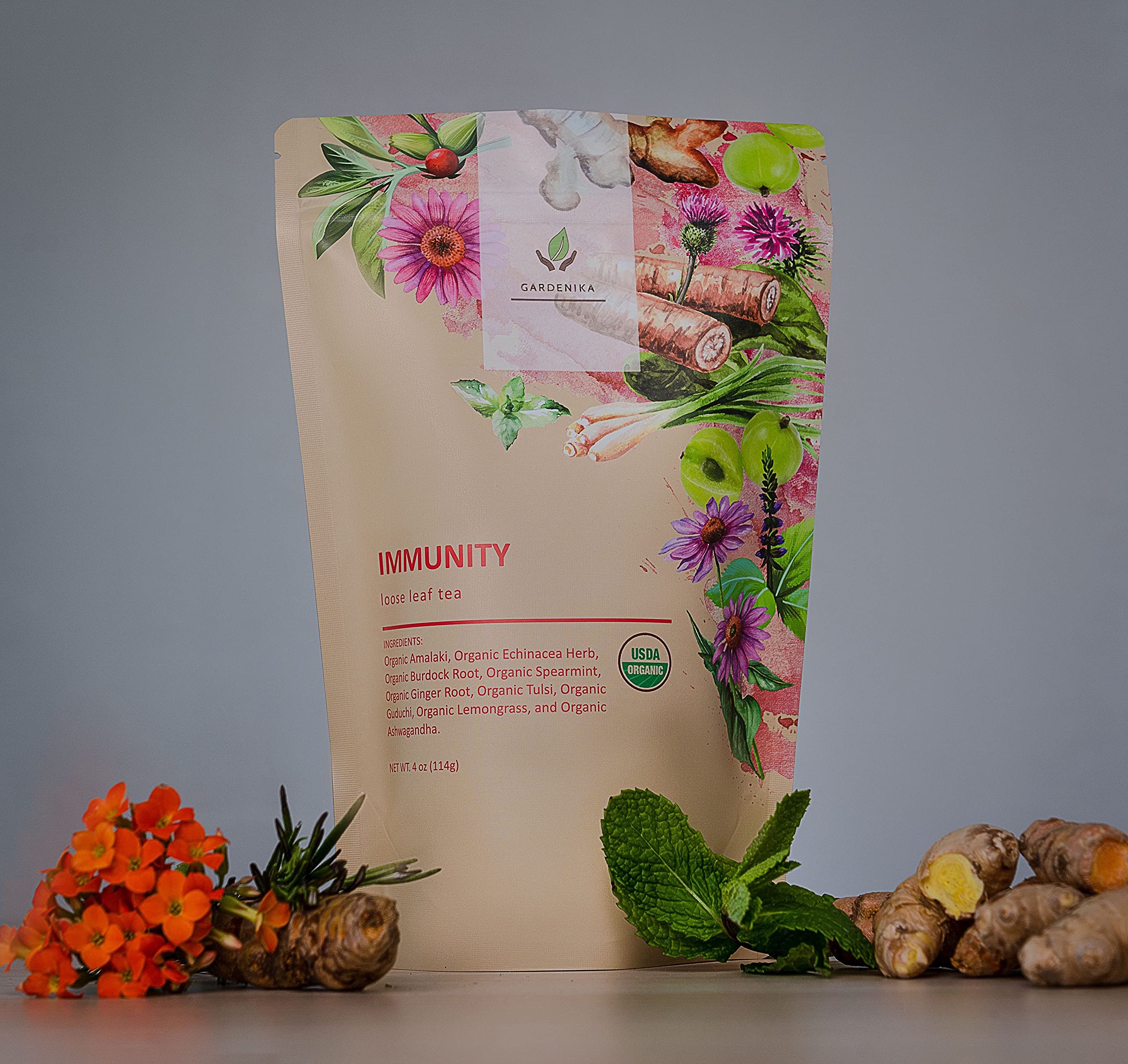 Gardenika Organic Immune Tea origin India label on package