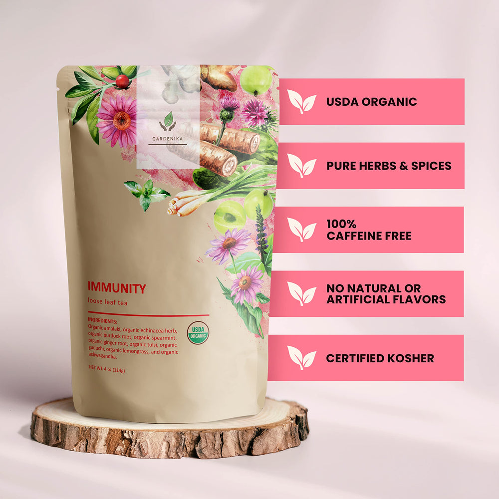 Gardenika Organic Immune Tea packaging seal close-up shows recyclable, resealable pouch