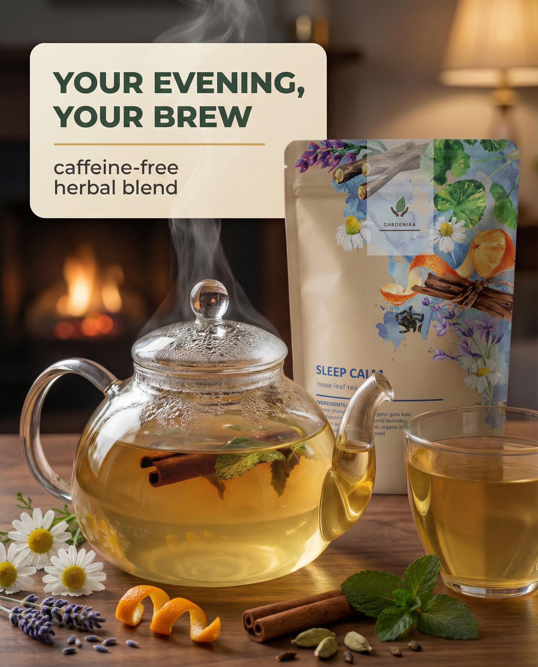 Gardenika Sleep Tea with cinnamon and citrus zest in a soothing setup