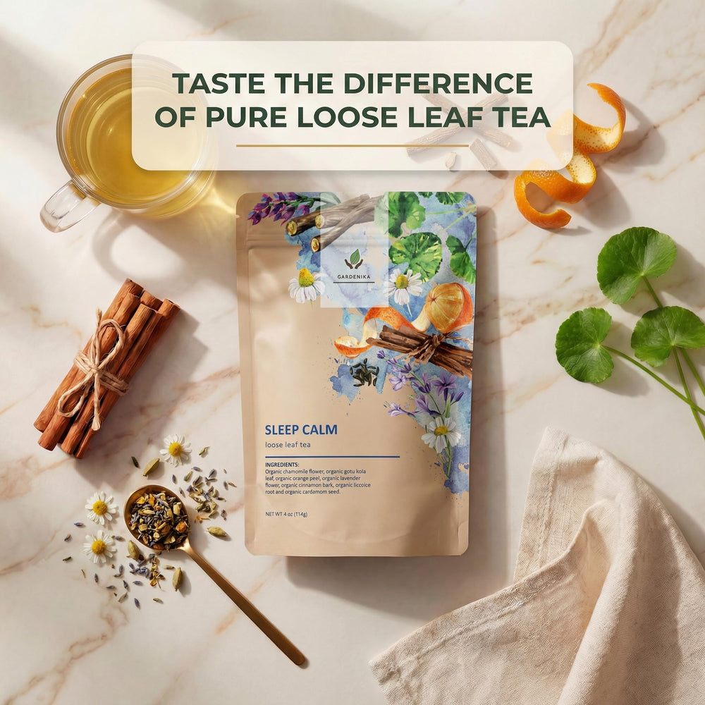 Gardenika Sleep Tea ingredients label highlighting organic herbs