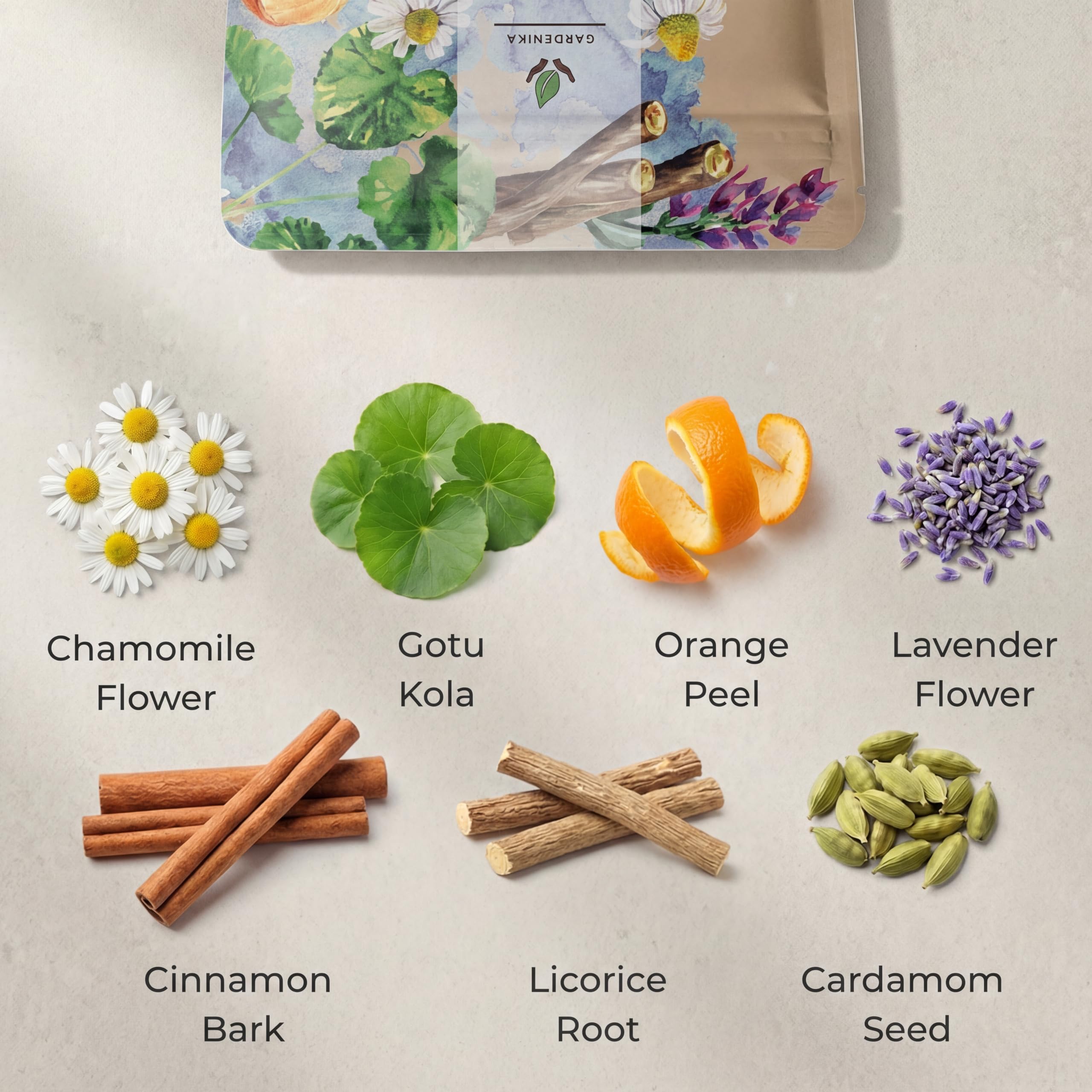 Gardenika Sleep Tea loose-leaf close-up showing organic chamomile and lavender