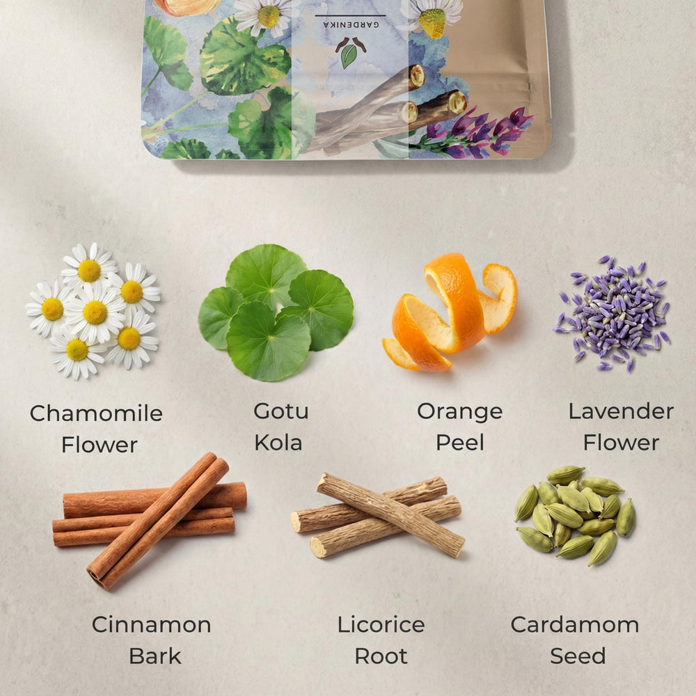 Gardenika Sleep Tea loose-leaf close-up showing organic chamomile and lavender