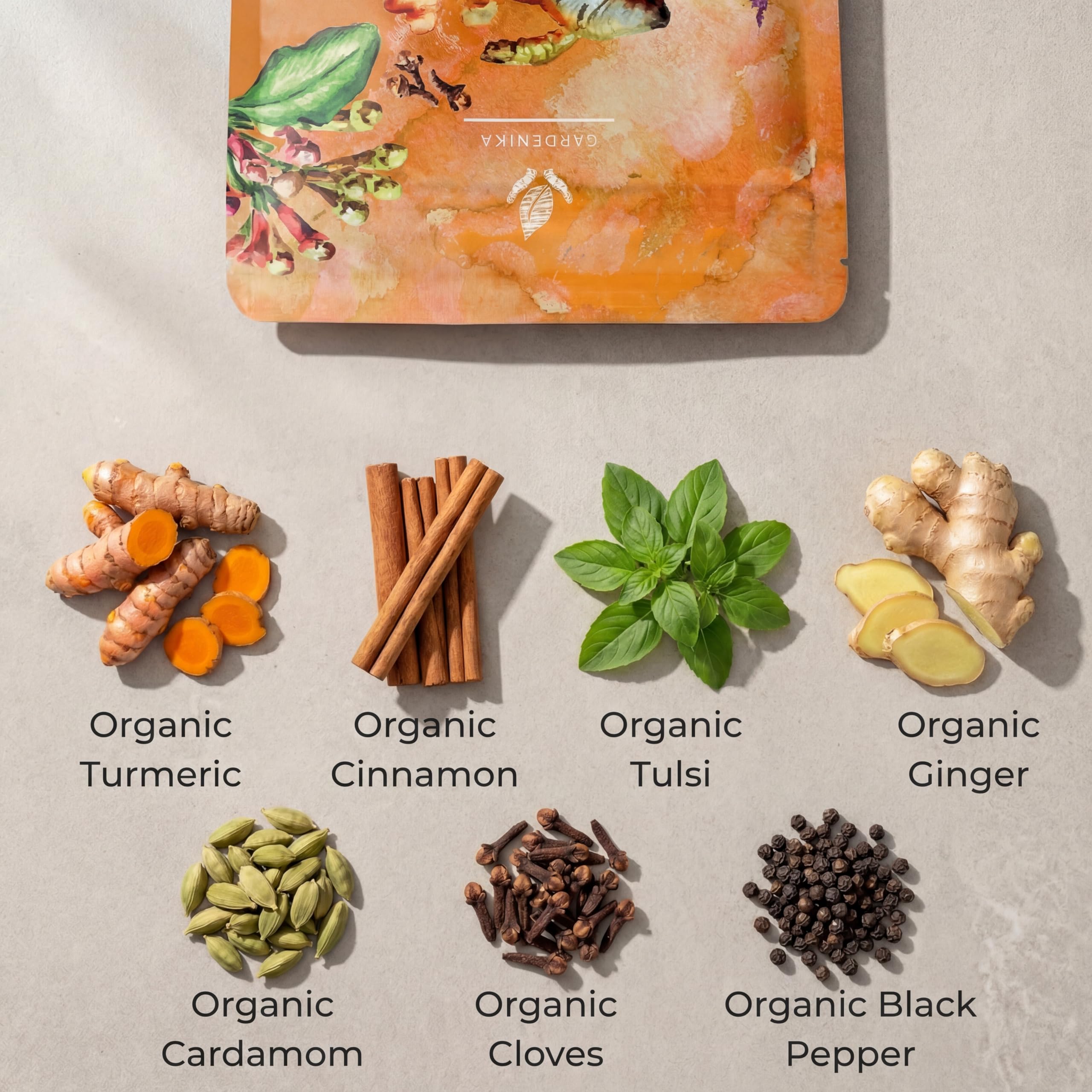 Gardenika Tulsi Turmeric Ginger spice closeup for aromatically uplifting blends