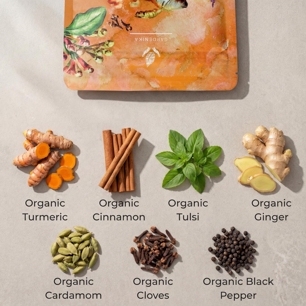 Gardenika Tulsi Turmeric Ginger spice closeup for aromatically uplifting blends