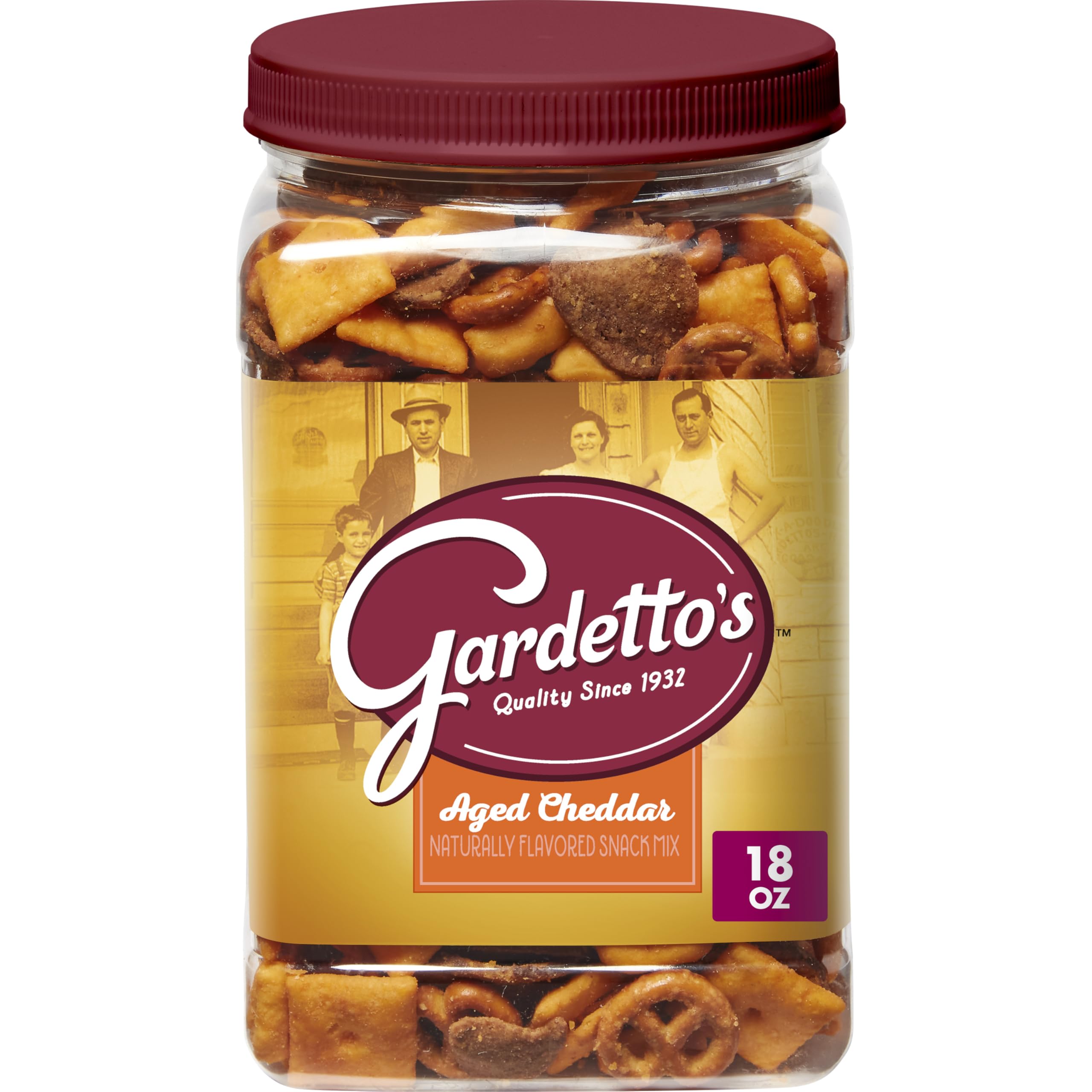 Gardetto's Aged Cheddar Snack Mix tub poured for sharing at parties