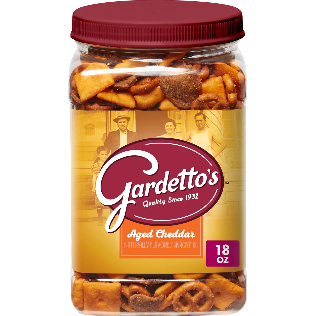 Gardetto's Aged Cheddar Snack Mix tub poured for sharing at parties