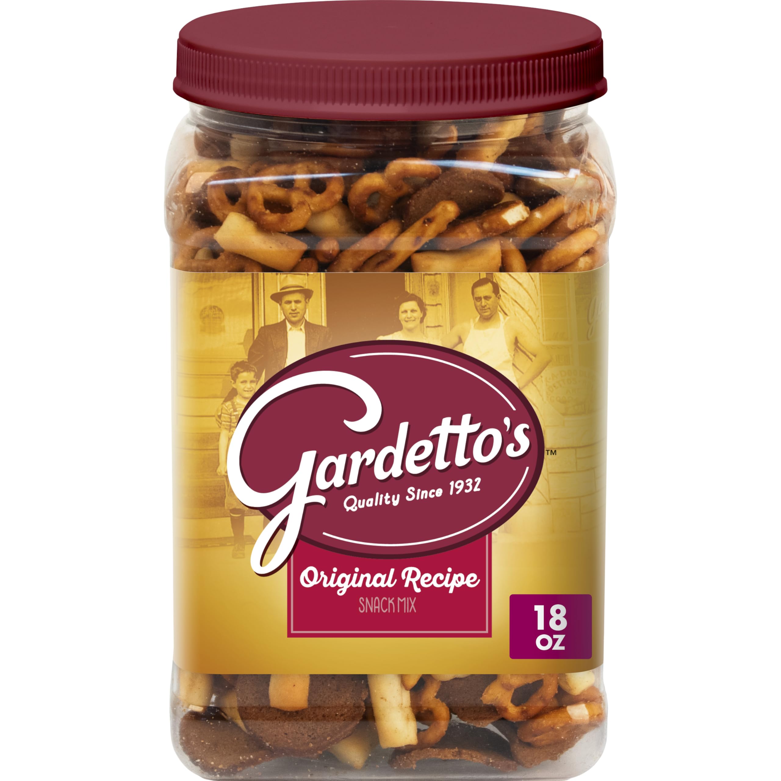 Gardetto's Original Recipe tub front, versatile pantry staple for snack time with friends.