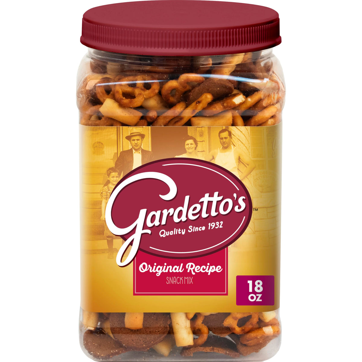 Gardetto's Original Recipe tub front, versatile pantry staple for snack time with friends.