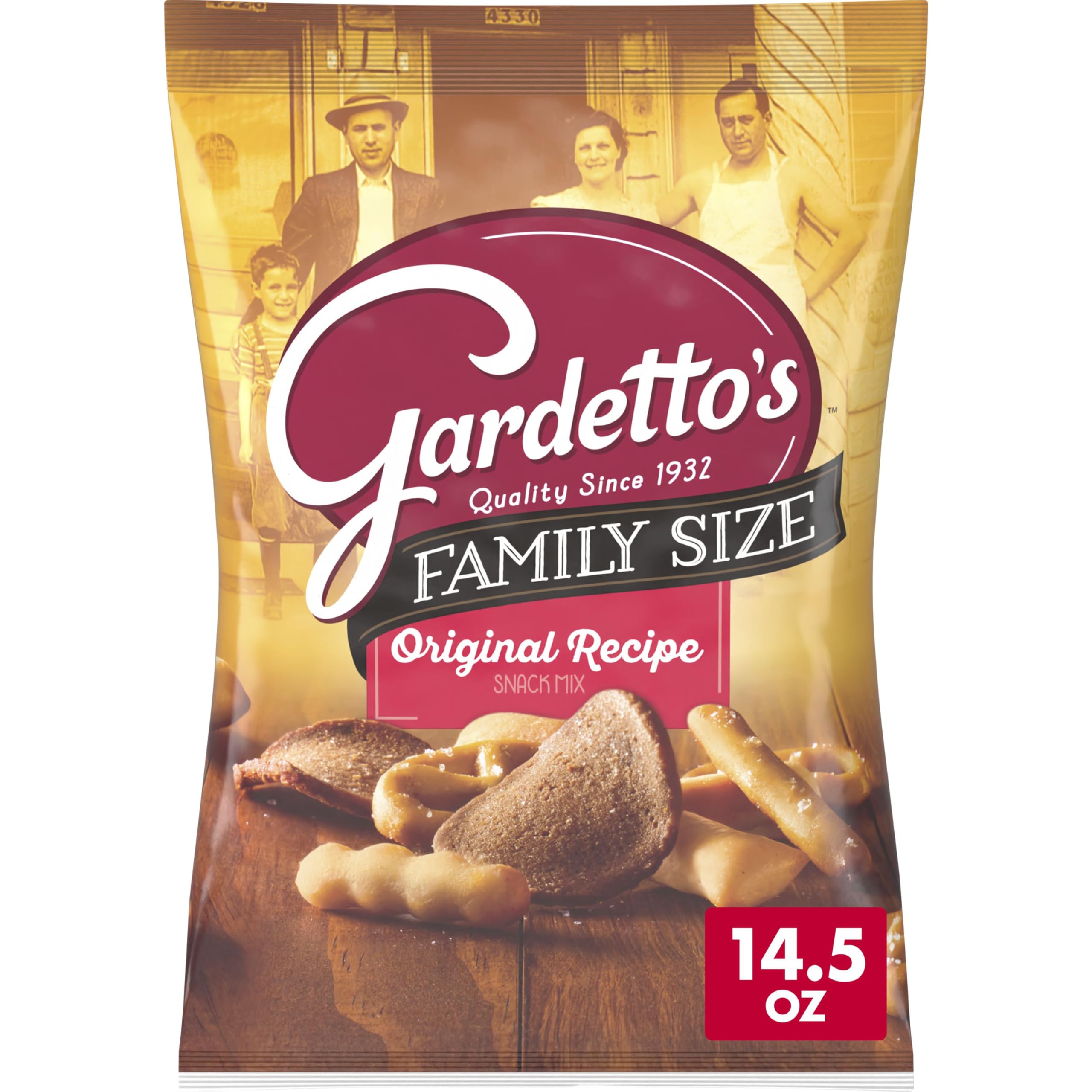 Gardetto's Original Snack Mix bag front shows bold crunch for sharing