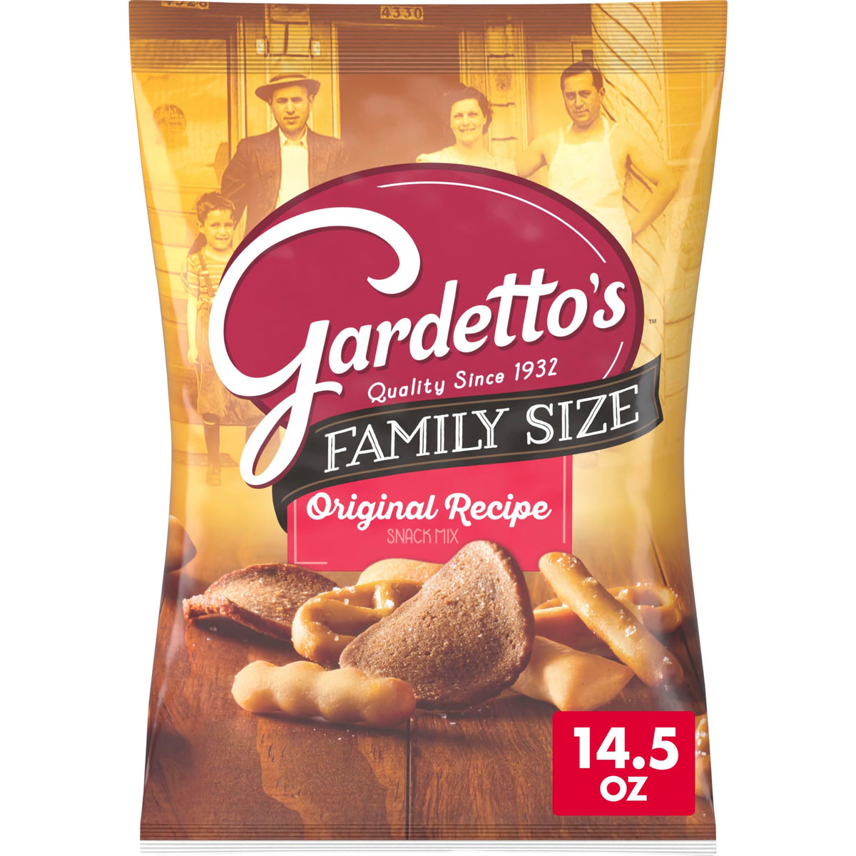 Gardetto's Original Snack Mix bag front shows bold crunch for sharing