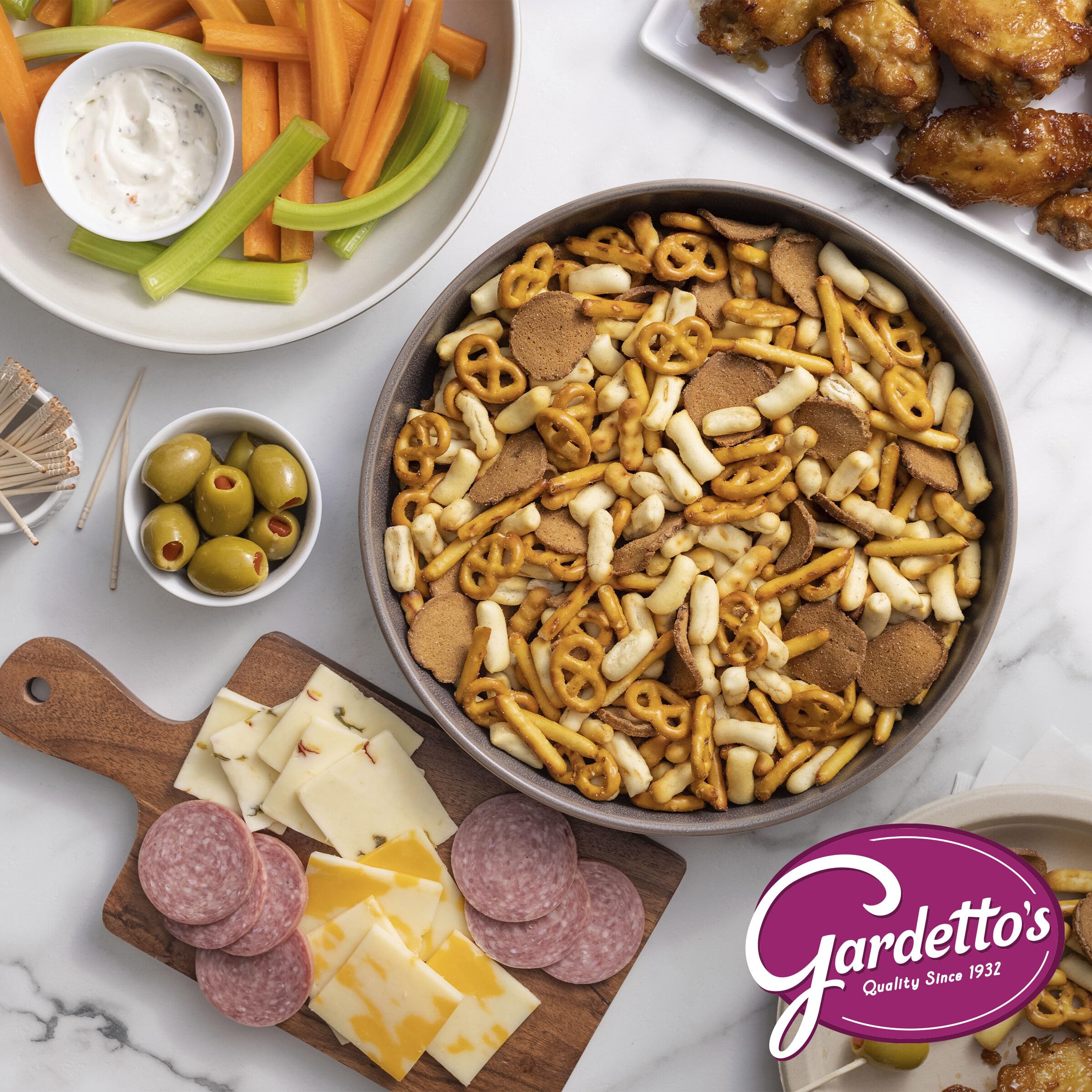 Snack table spread featuring Gardetto's for casual entertaining
