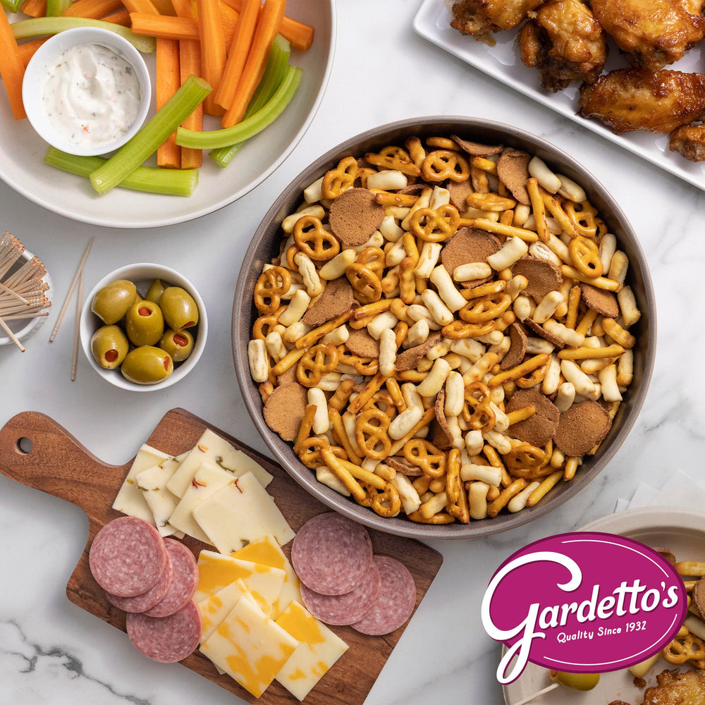 Snack table spread featuring Gardetto's for casual entertaining