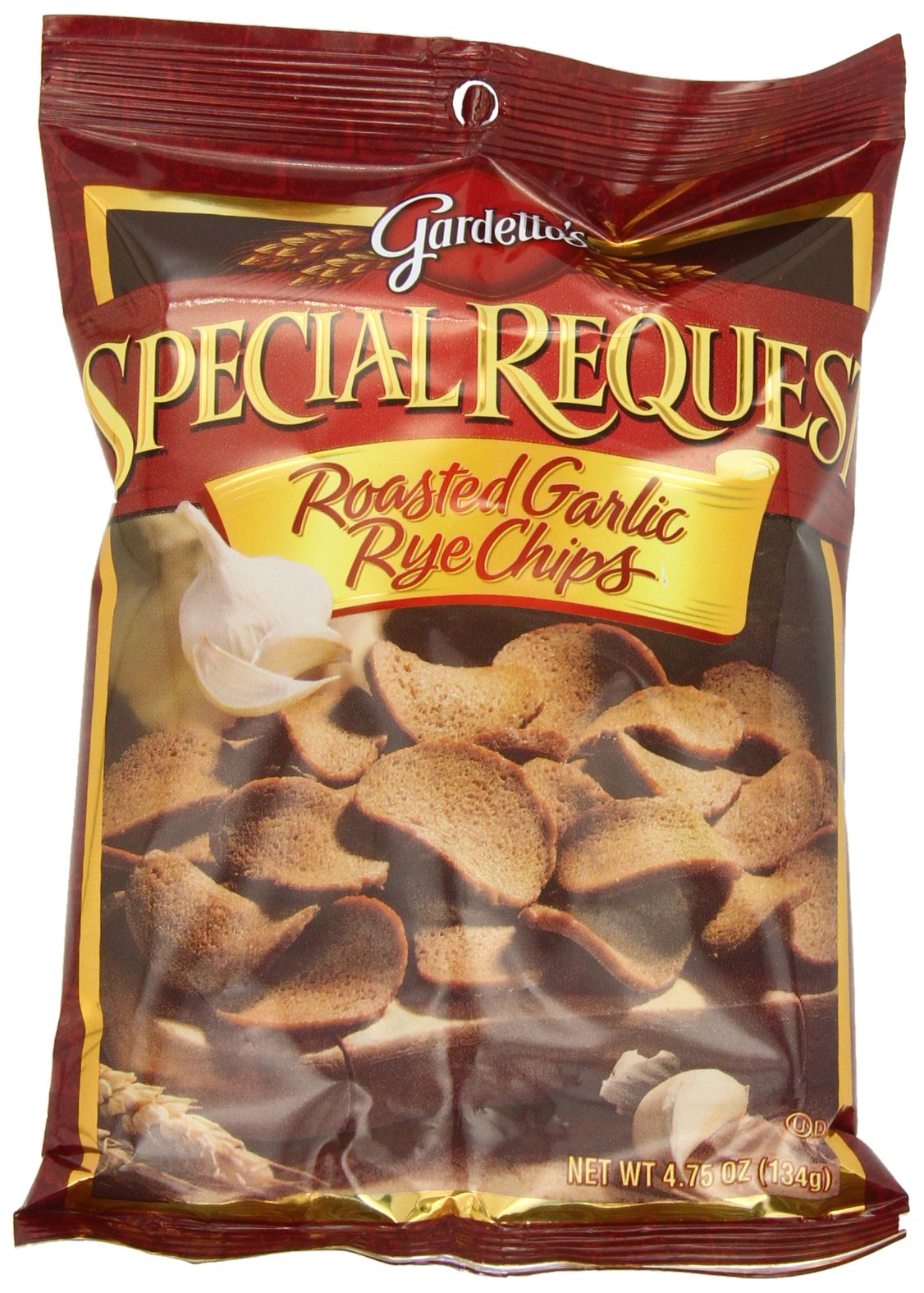 Gardetto's roasted garlic rye chips bag with bold aroma and crisp texture