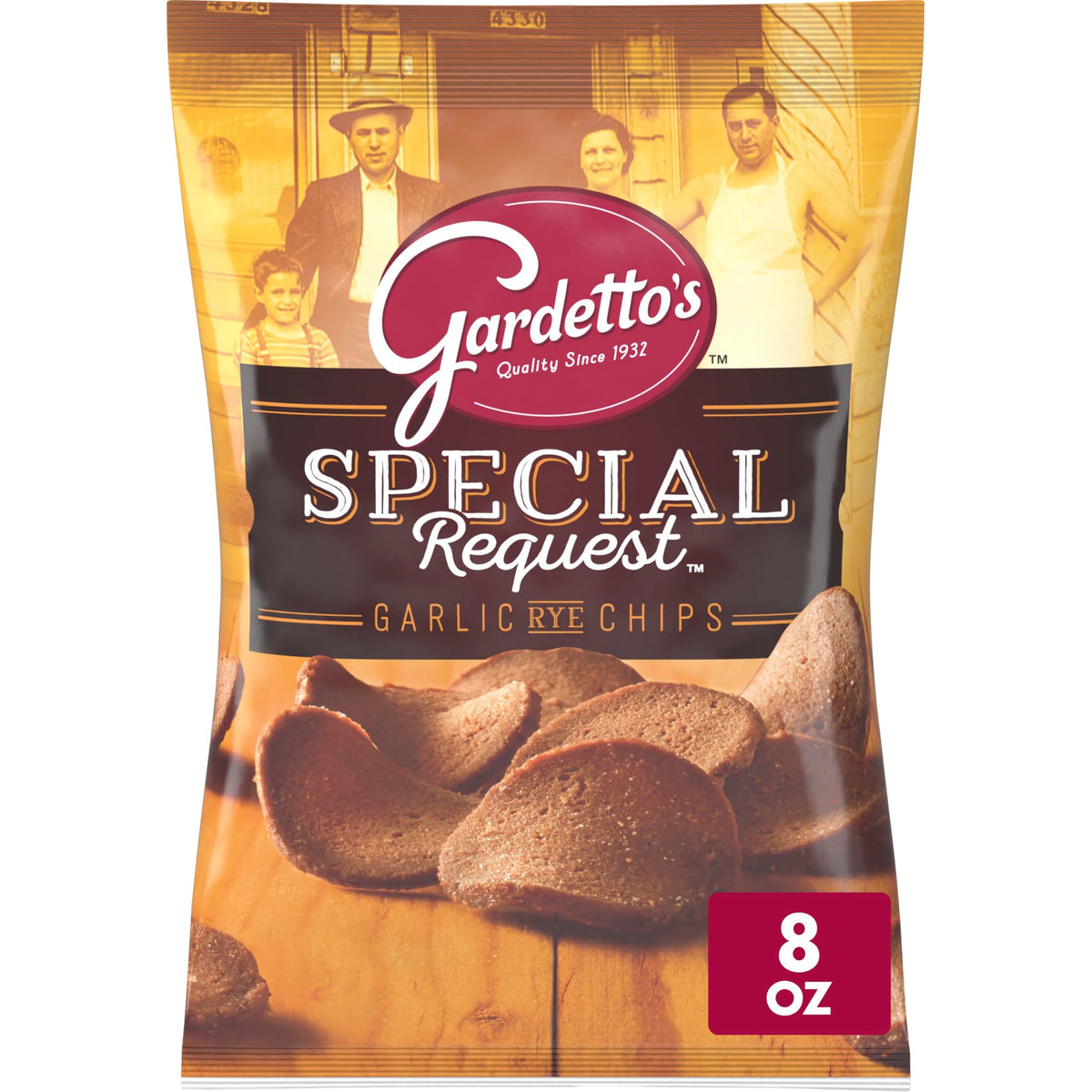 Gardetto's Special Request Garlic Rye Chips bag shows bold, crunchy garlic flavor for sharing