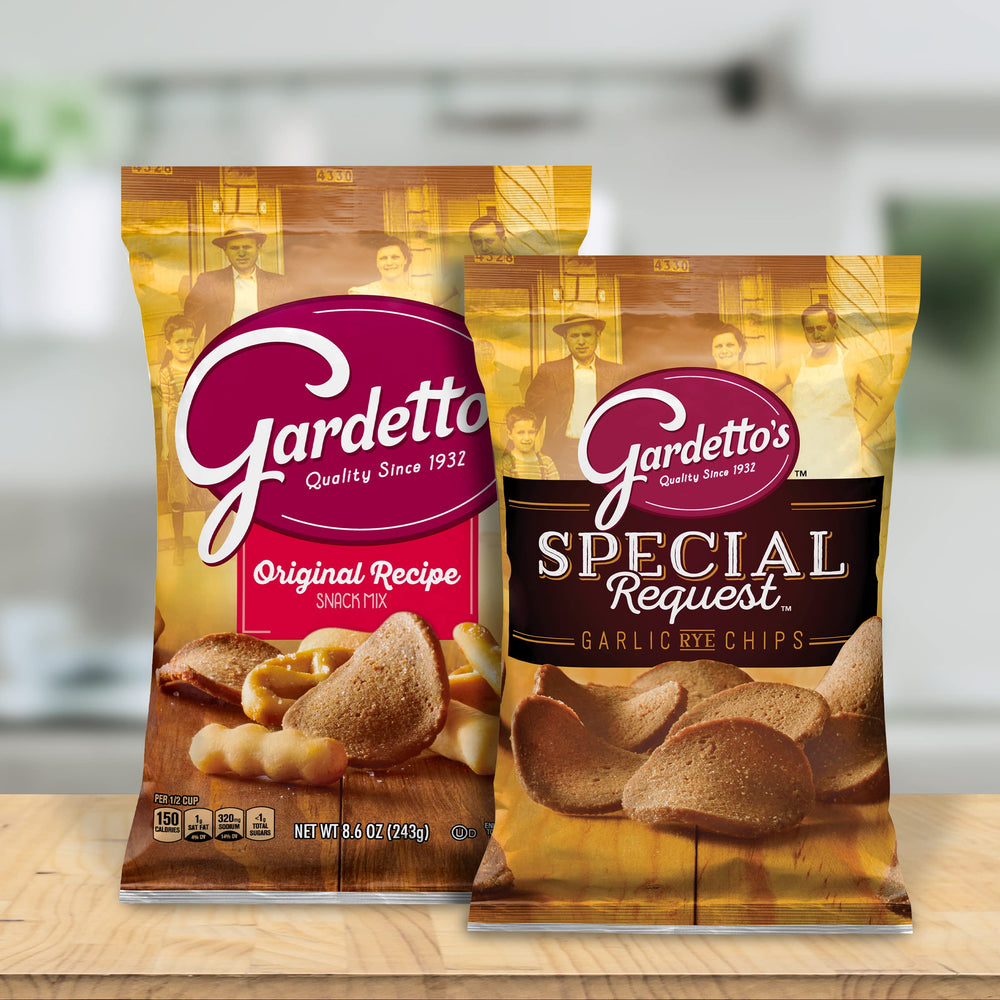 Party-table setup featuring Gardetto's Special Request Garlic Rye Chips