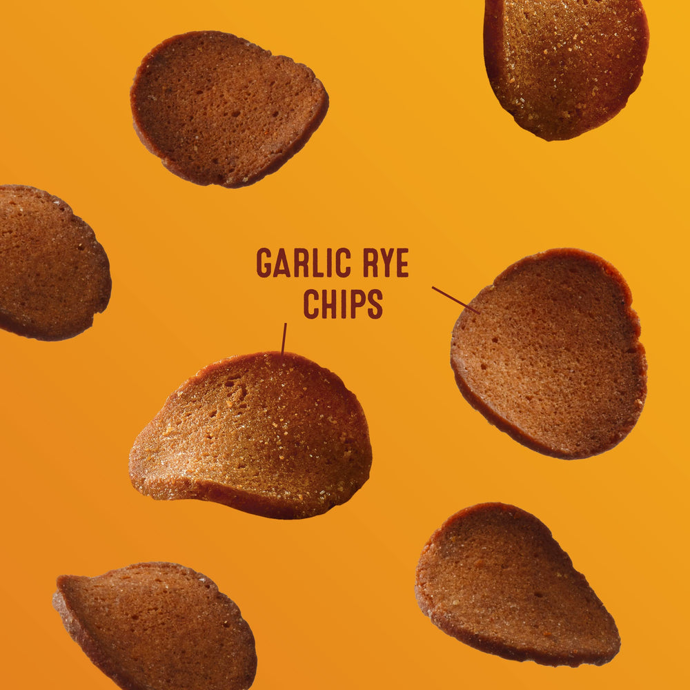 Gardetto's garlic rye chips on kitchen counter during meal prep