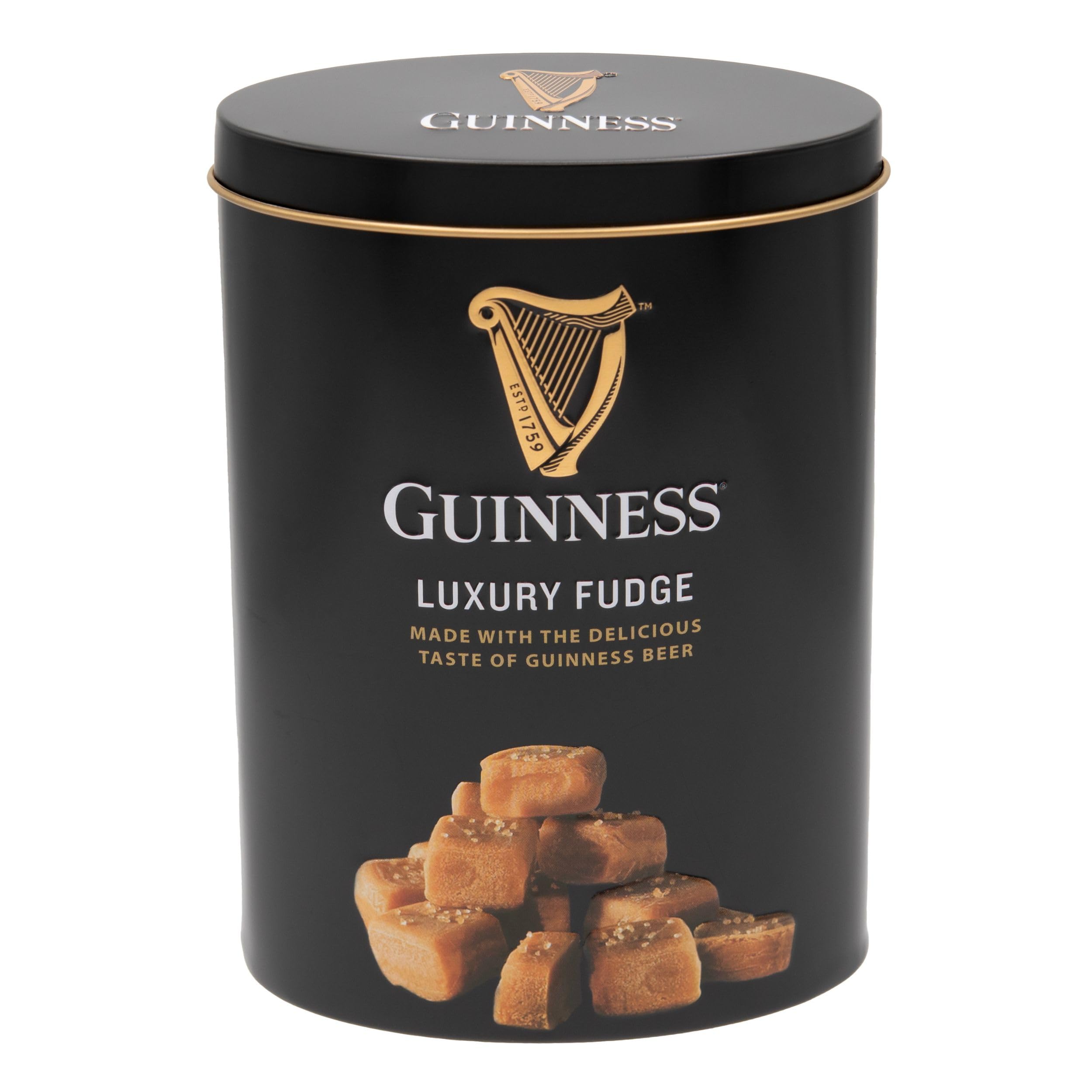 Gardiners of Scotland Guinness Luxury Fudge tin close-up showing creamy texture and gift-worthy presentation.