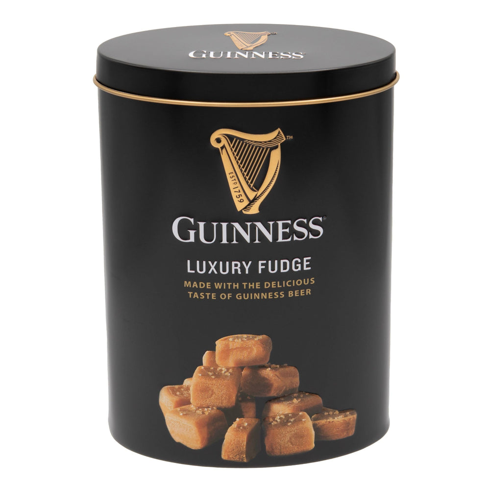 Gardiners of Scotland Guinness Luxury Fudge tin close-up showing creamy texture and gift-worthy presentation.