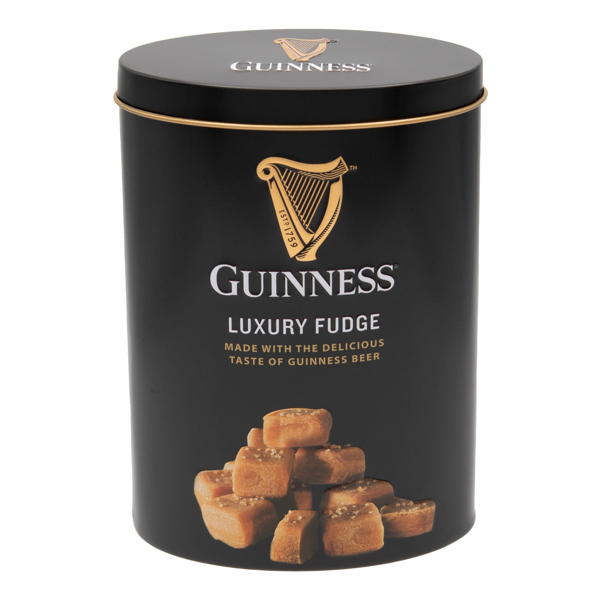 Gardiners of Scotland Guinness Luxury Fudge tin close-up showing creamy texture and gift-worthy presentation.
