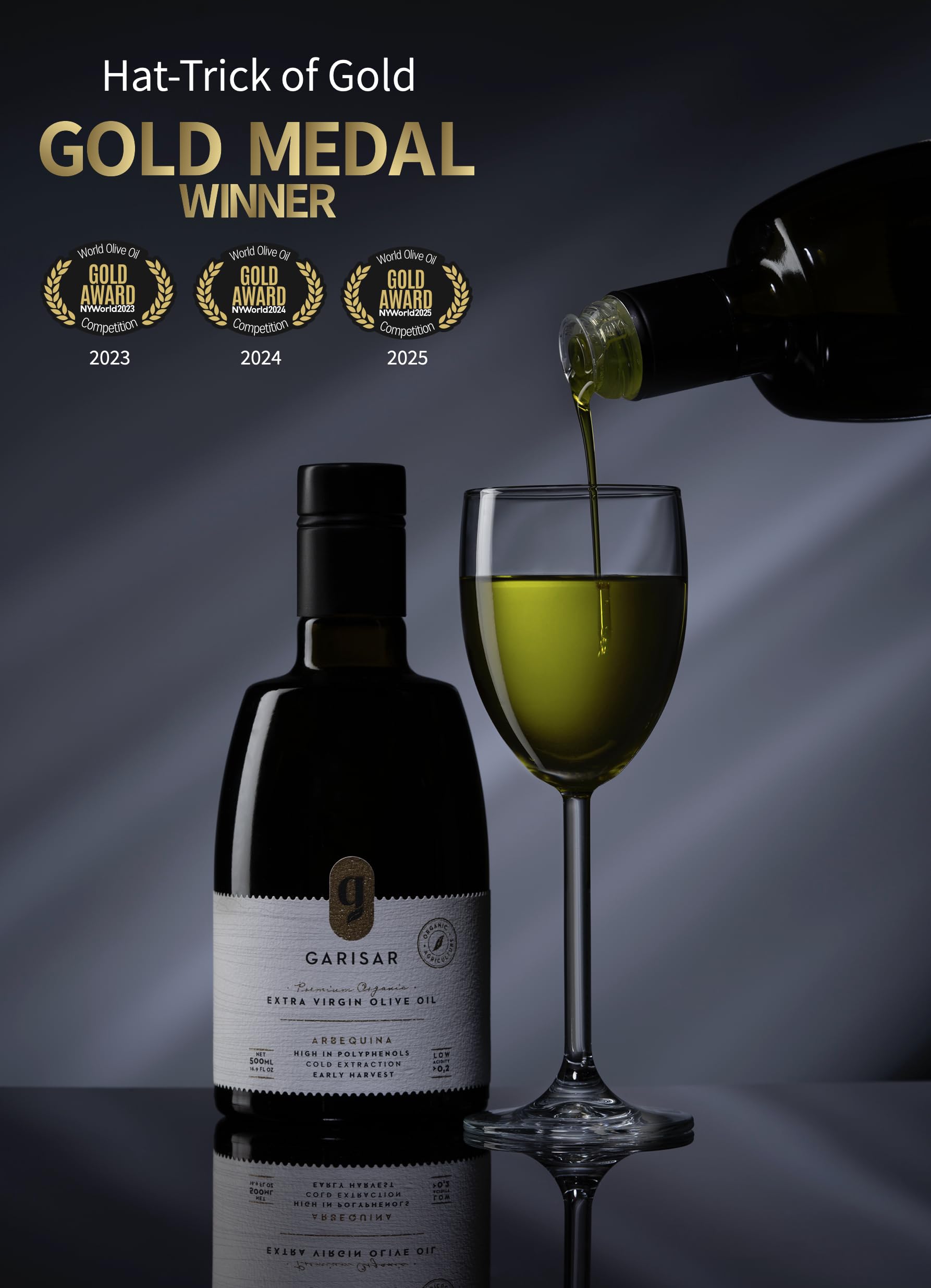 Garisar low acidity olive oil bottle with clean, smooth finish.