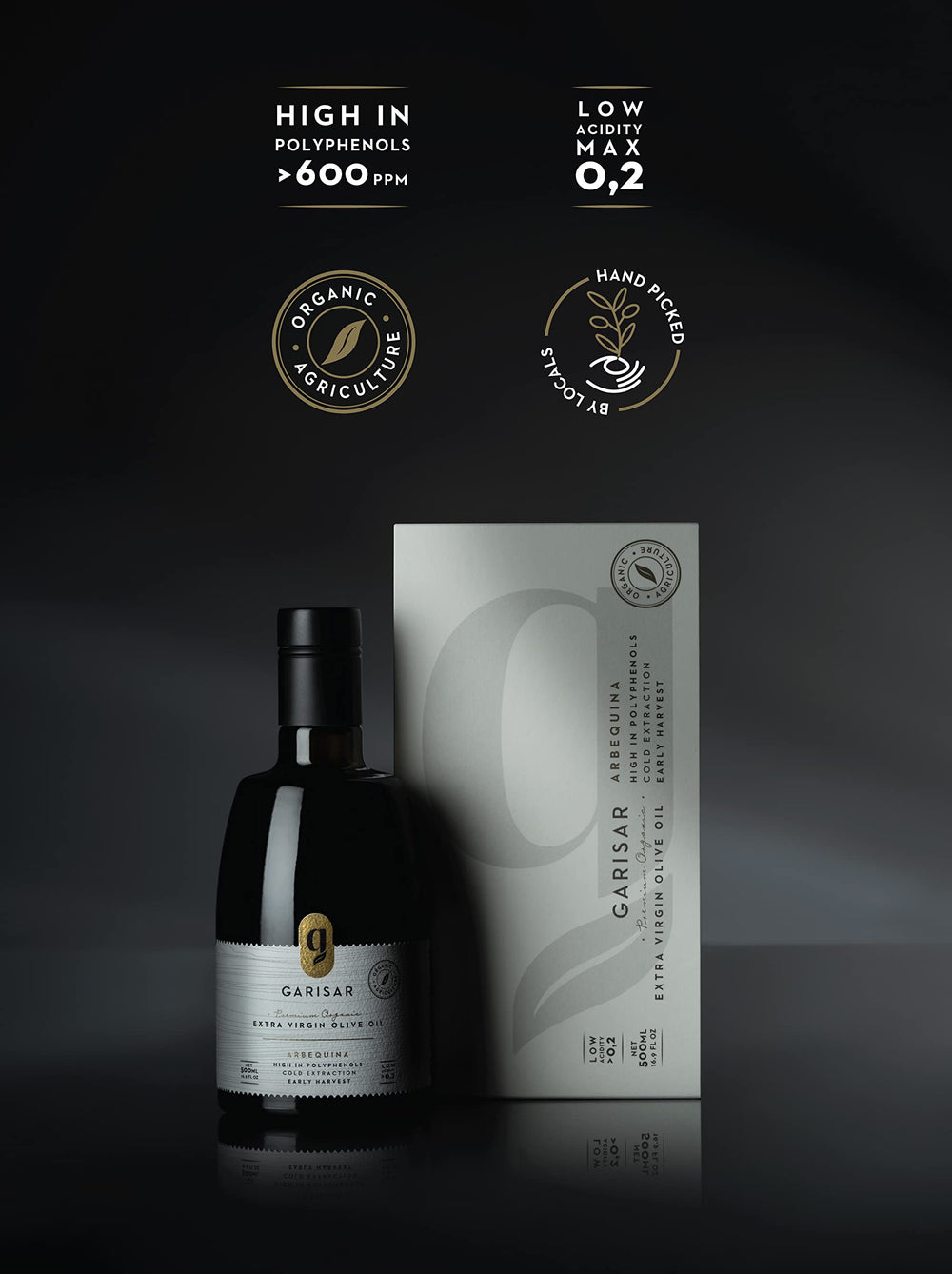 Garisar polyphenol-rich olive oil bottle highlighting high polyphenol content.