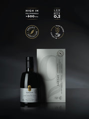 Garisar polyphenol-rich olive oil bottle highlighting high polyphenol content.