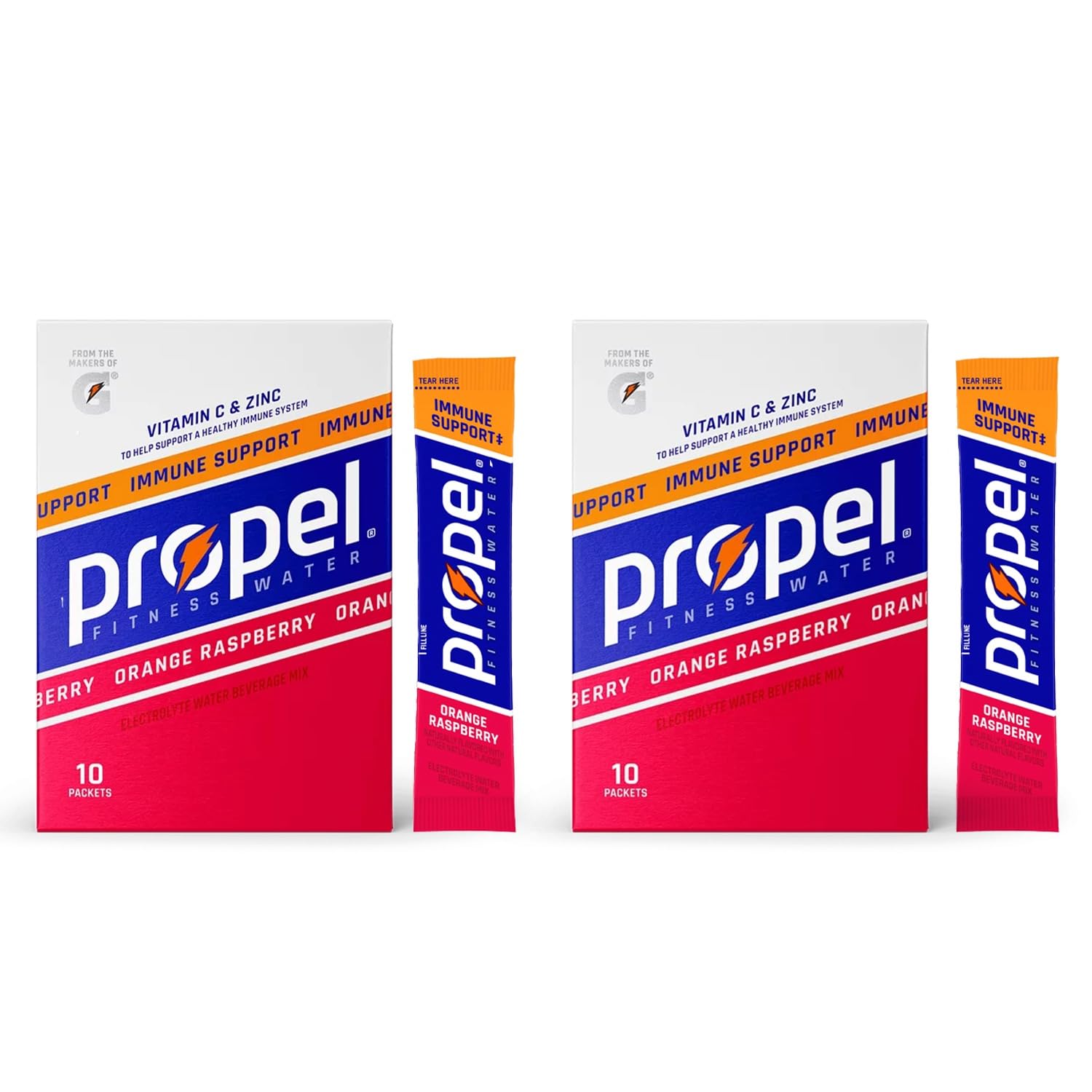 Garizze Propel orange raspberry packet close-up for convenient electrolyte hydration during workouts.