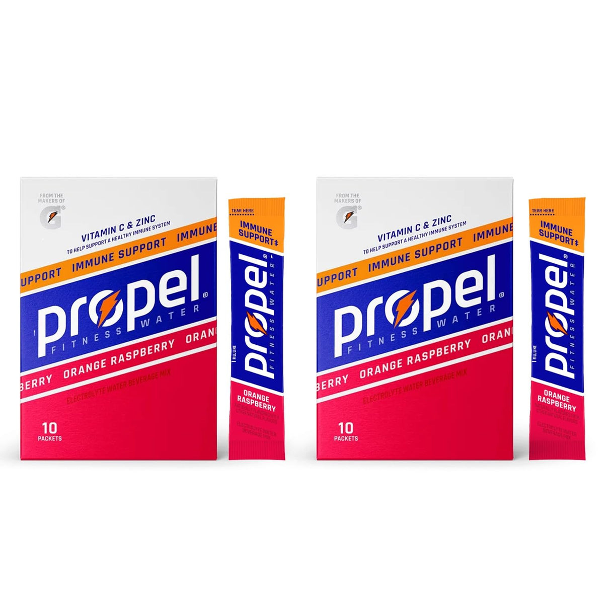 Garizze Propel orange raspberry packet close-up for convenient electrolyte hydration during workouts.