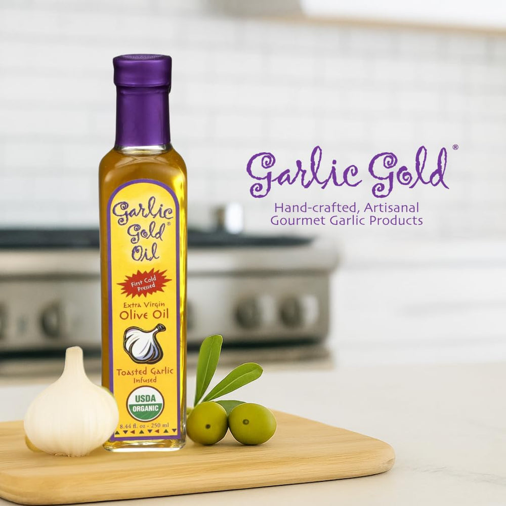Warm bread dipped in Garlic Gold olive oil offers aromatic dipping.