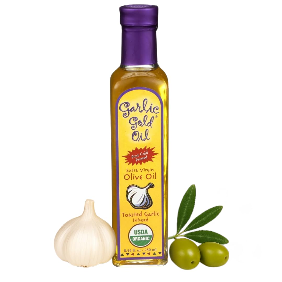 Garlic Gold garlic-infused olive oil bottle enhances everyday cooking with premium flavor.