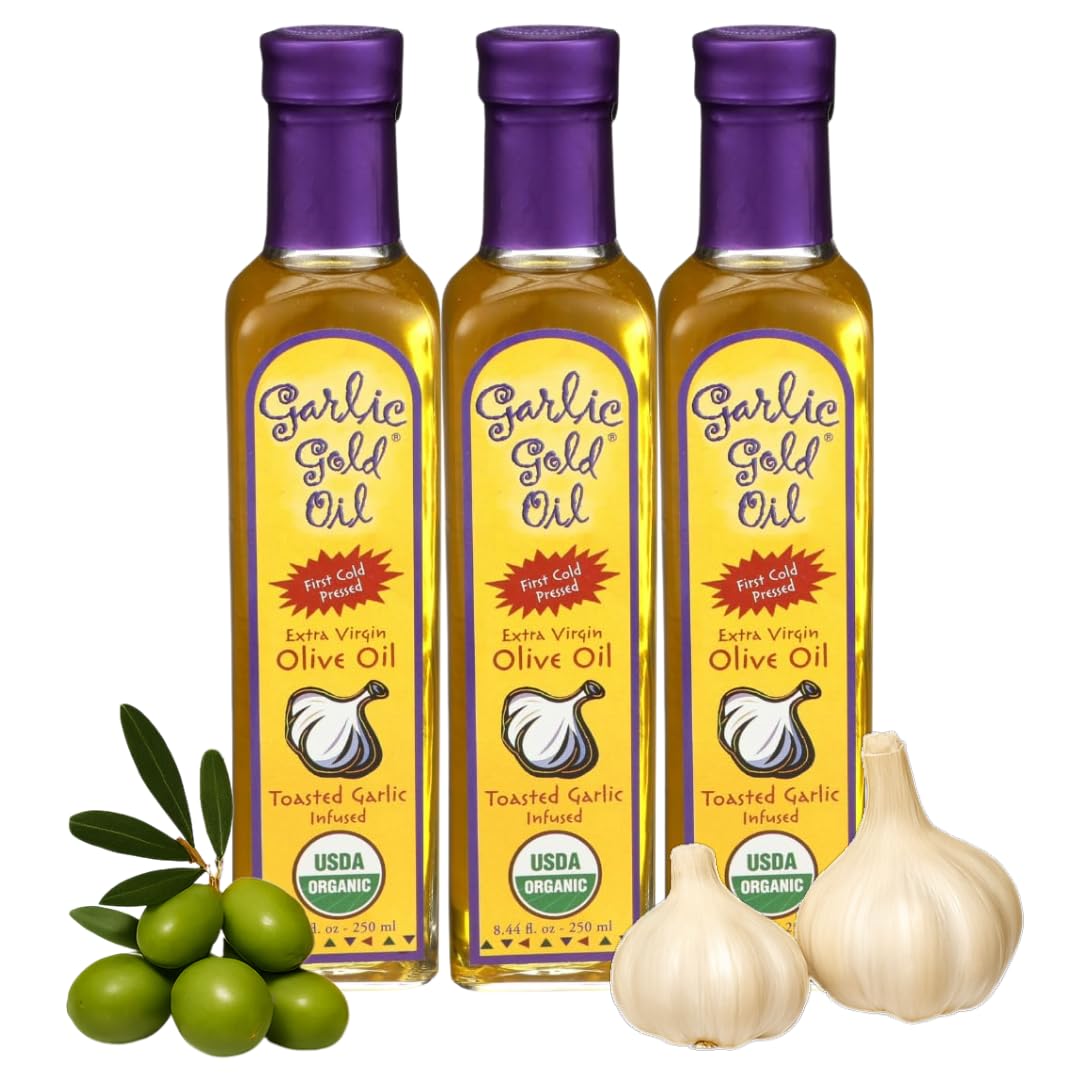 Garlic Gold infused olive oil bottle pouring, ideal for sautéing and finishing dishes.