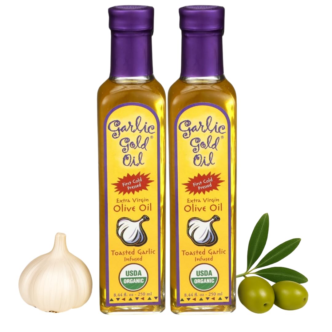 Garlic Gold infused olive oil bottle for flavorful sautéing with organic premium taste.