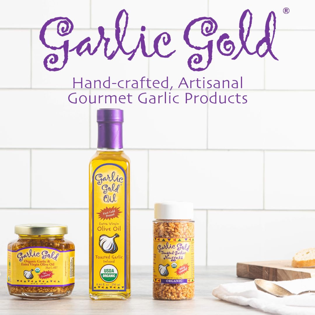 Garlic Gold plated dish ready, suggesting versatile finishing oil for meals.