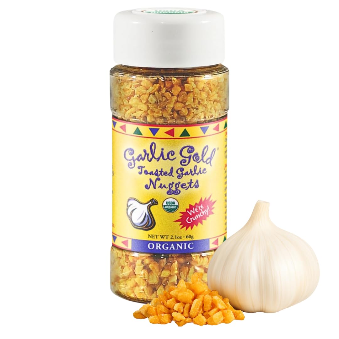 Garlic Gold Toasted Nuggets bottle showing roasted garlic bits for flavor boosts.