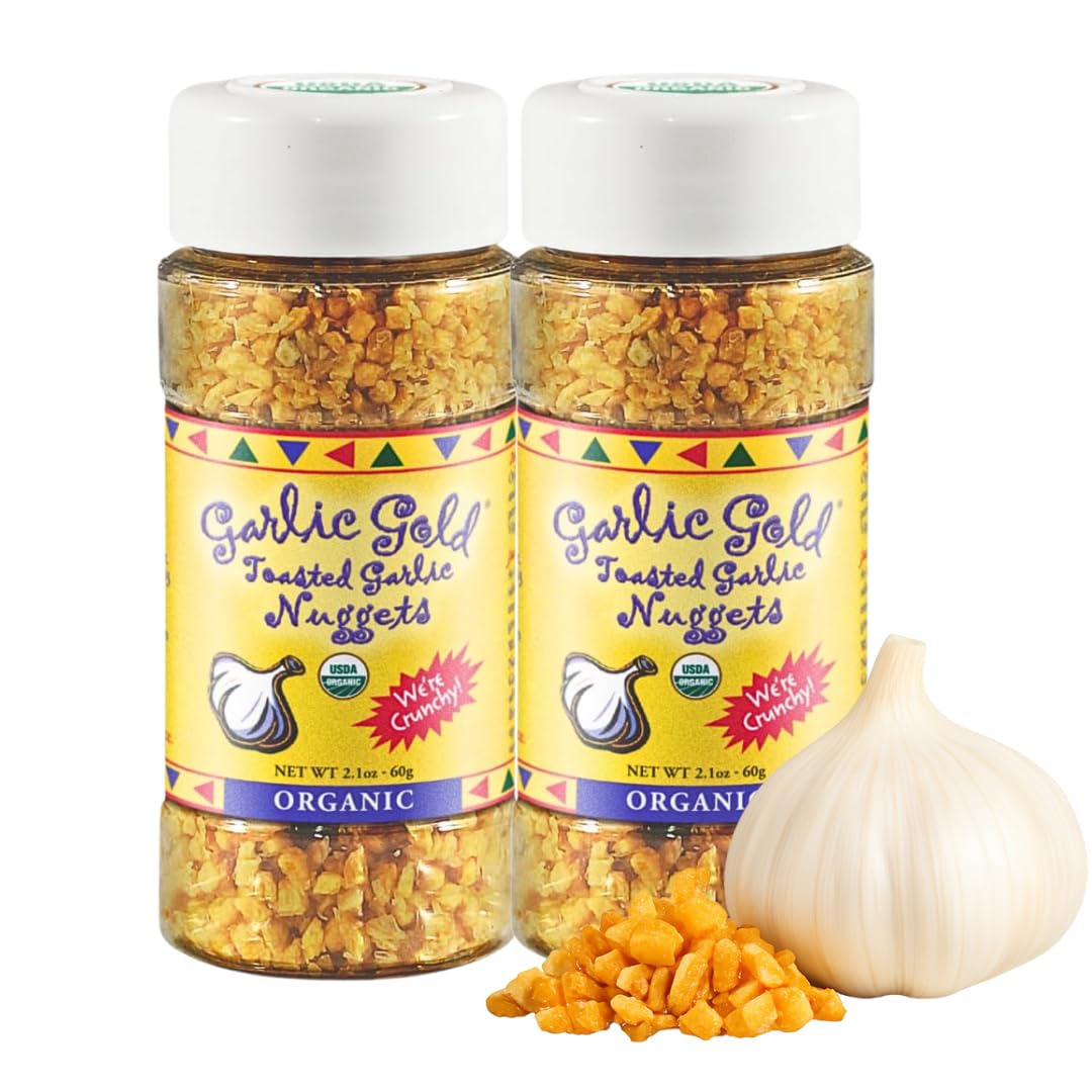 Garlic Gold Toasted Nuggets close-up, ready to season vegetables and salads.